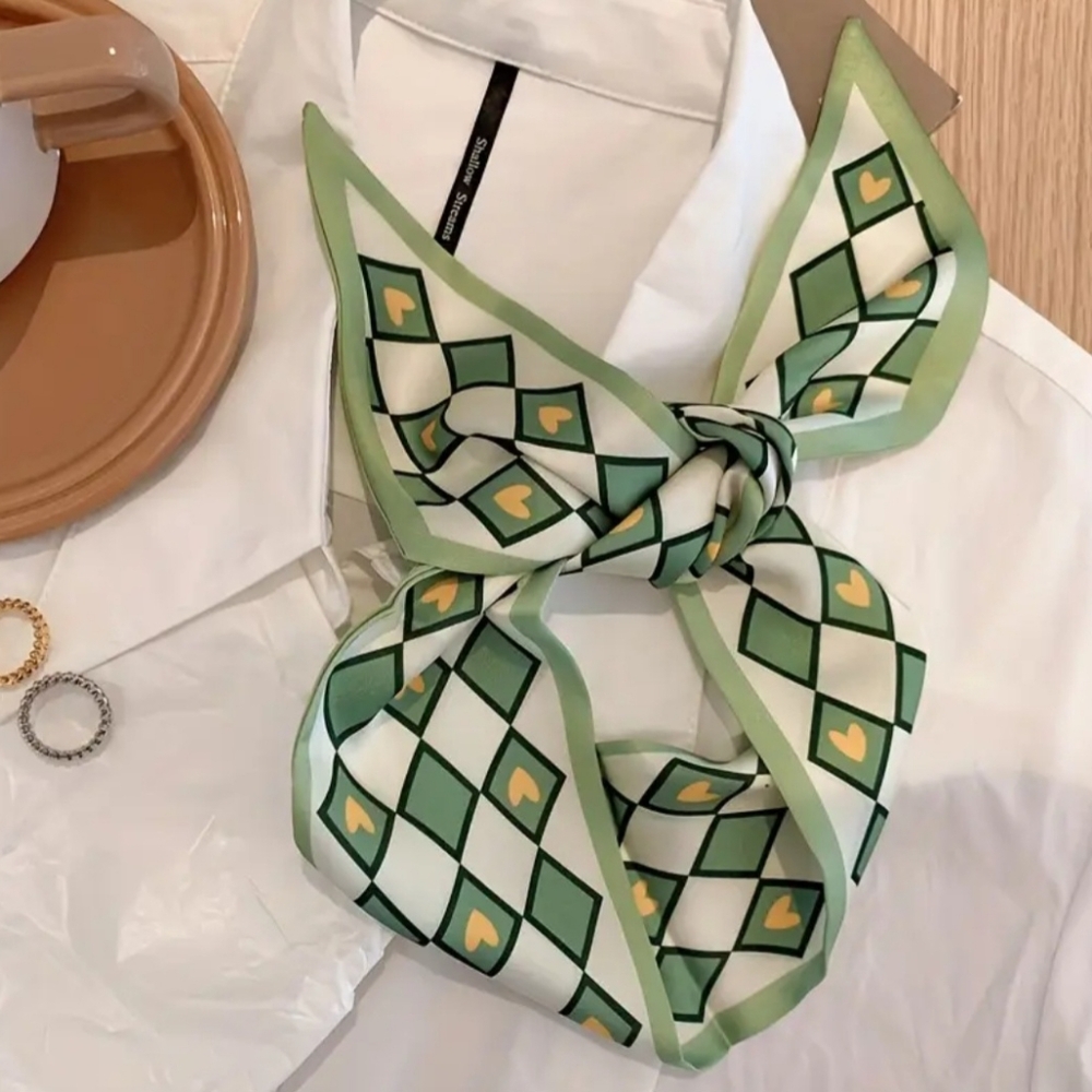Satin Printed Twillies 4pcs Green Patterned Scarves - Picture 2 of 9